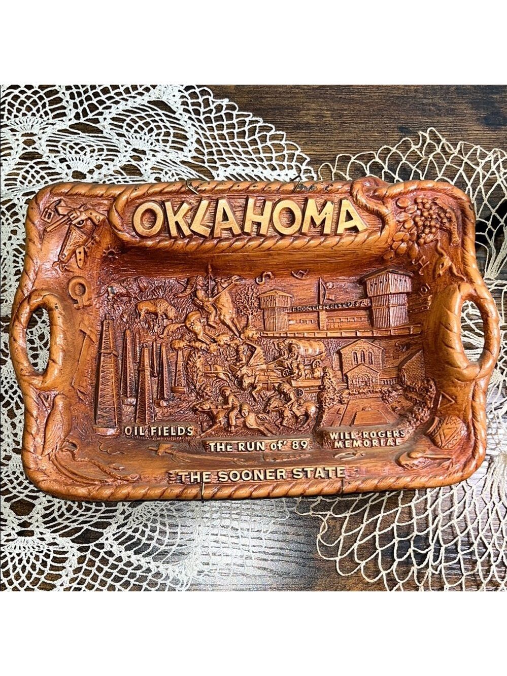 Vintage Oklahoma The Sooner State Carved Plate Lagenes Decor